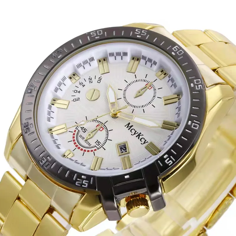 

WOKAI high quality fashion casual gold steel band Calendar Men's quartz watch classic large dial sports business clock
