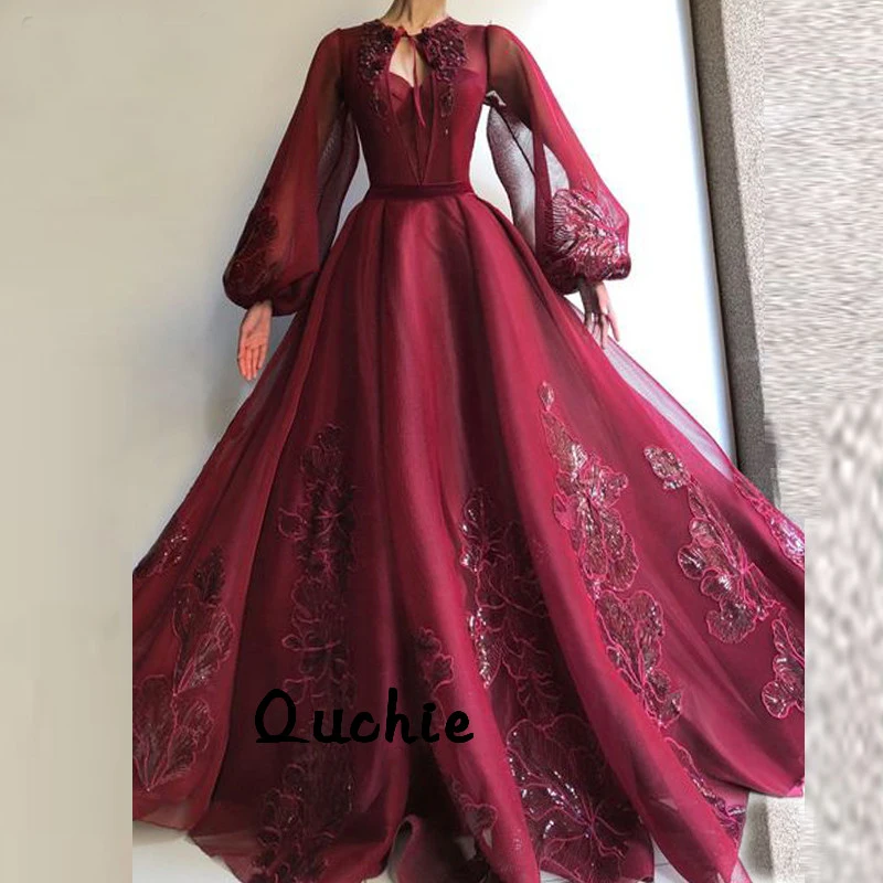 

Burgundy Evening Dress Lantern Sleeves Sequin Lace Special Occasion robe soiree Islamic Dubai Kaftan Saudi Arabic Prom