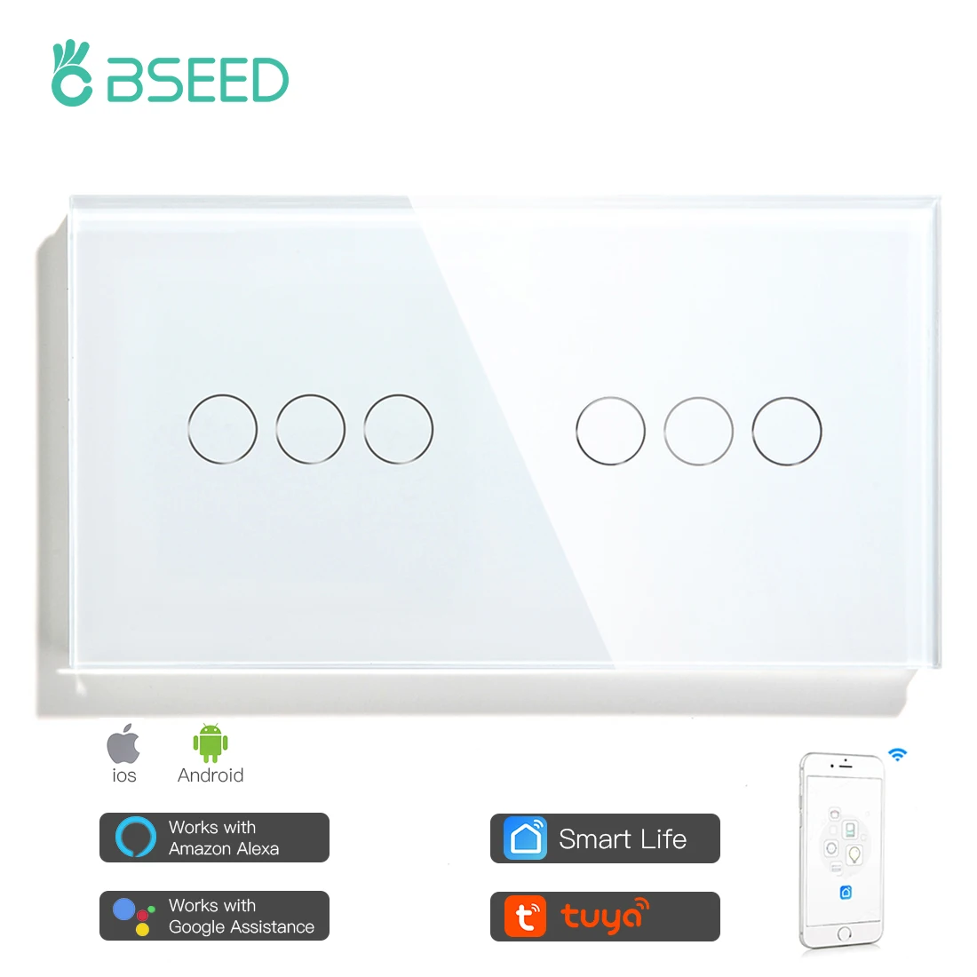 Bseed Touch Switch Wifi Double 3 Gang Light Switch Wall Switch 3 Color Crystal Class Panel Fashion Smart Switch
Bseed Touch Switch Wifi Double 3 Gang Light Switch Wall Switch 3 Color Crystal Class Panel Fashion Smart Switch