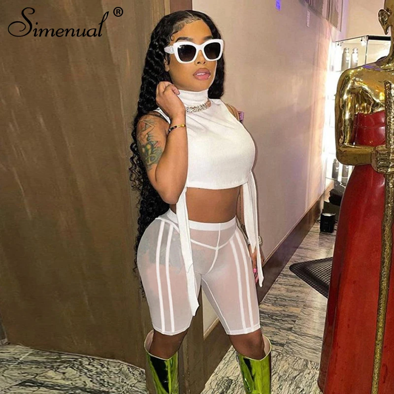 

Simenual Mock Neck Bandage Top And Biker Shorts Sets For Women White Mesh Sporty Athleisure 2 Piece outfits Bodycon Co-ord Set