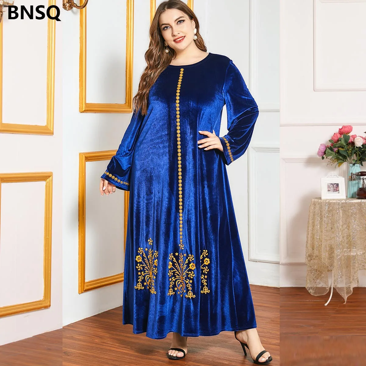 Muslim Plus Size Dubai Islamic Women's Fashion Floral Thick Velvet Gold Thread Embroidery Autumn And Winter Middle East Long-sle
Muslim Plus Size Dubai Islamic Women's Fashion Floral Thick Velvet Gold Thread Embroidery Autumn And Winter Middle East Long-sle