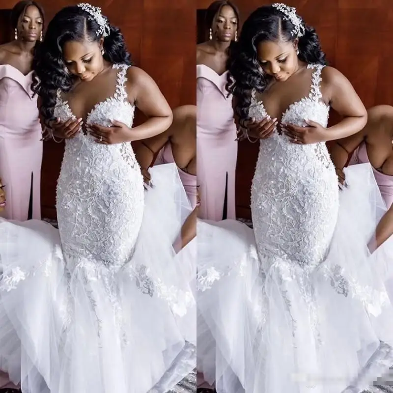 

Mermaid Wedding Dresses Lace Applique Illusion Jewel Neck Sleeveless Sweep Train Plus Size Wedding Bridal Gown vestido de novia