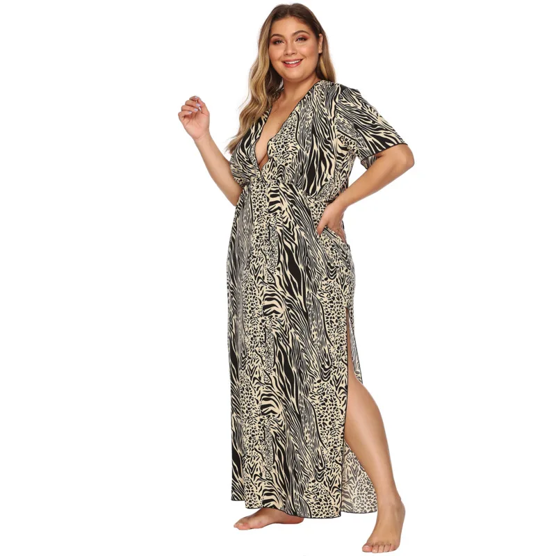 2020 Fashion Summer Dress Sexy Deep V-neck Animal Pattern High Open Fork Waist Large Size Women's Short Sleeve Elegant Robes
2020 Fashion Summer Dress Sexy Deep V-neck Animal Pattern High Open Fork Waist Large Size Women's Short Sleeve Elegant Robes