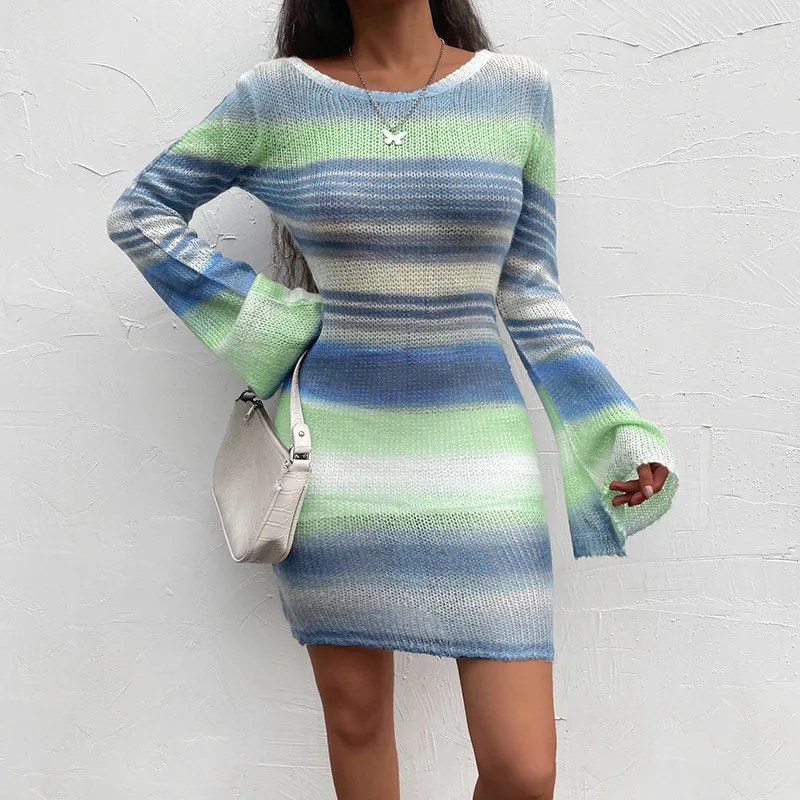 Dress Women Sexy Flared Sleeves Striped Women Backless Sweater Mini Dress Female Clothing Woman Autumn Design Elegant Vestidos
Dress Women Sexy Flared Sleeves Striped Women Backless Sweater Mini Dress Female Clothing Woman Autumn Design Elegant Vestidos