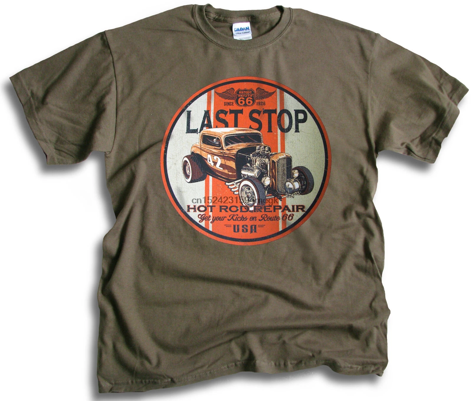 

Last Stop V8 Hot Rod Roadster Motor Body Repairs Mens Olive T Shirt Sm - 2XL