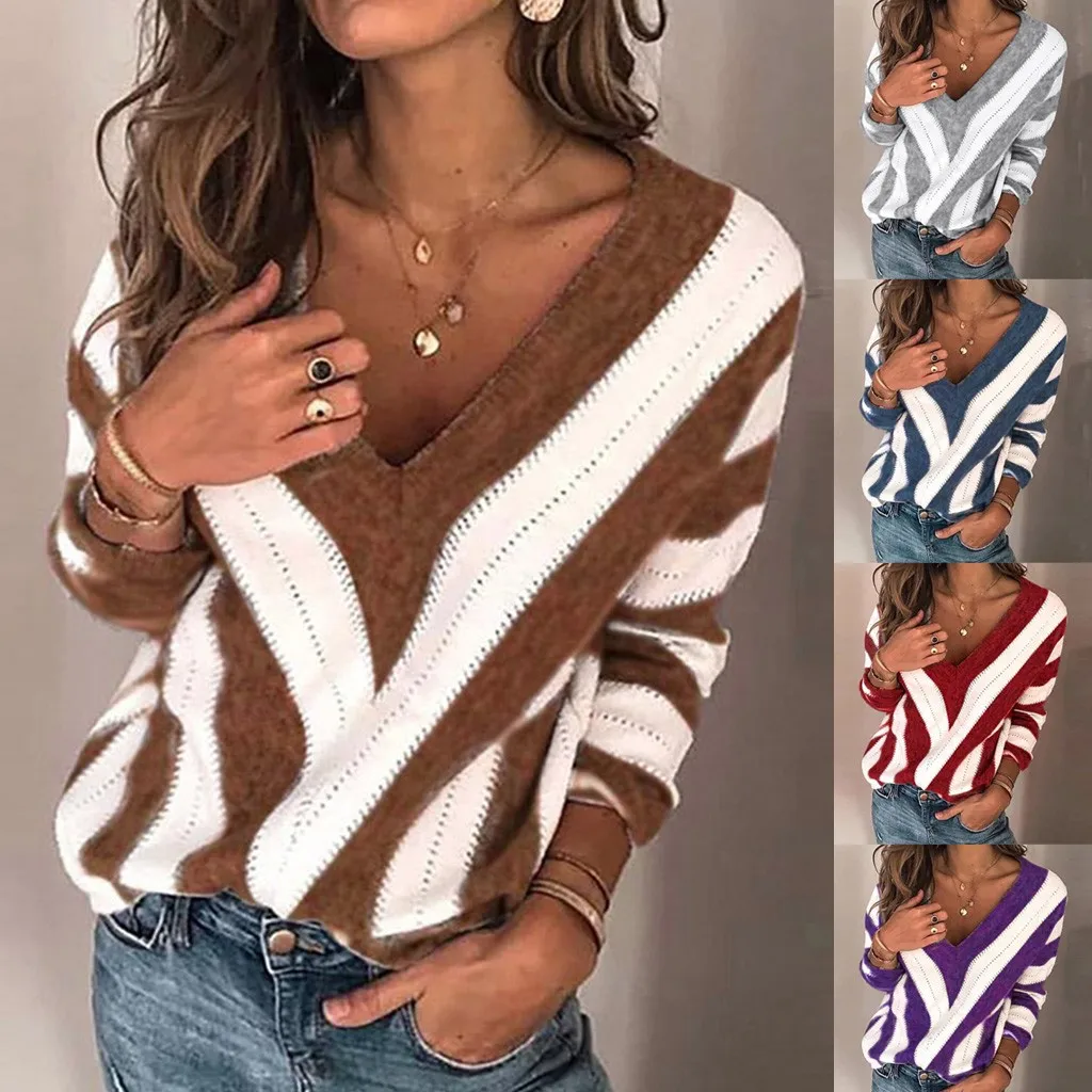 Women Winter Sweater Stripe Sexy V Neck Long Sleeve Knitting Pullover Sweter Winter Tops For Women Pull Femme New
Women Winter Sweater Stripe Sexy V Neck Long Sleeve Knitting Pullover Sweter Winter Tops For Women Pull Femme New
