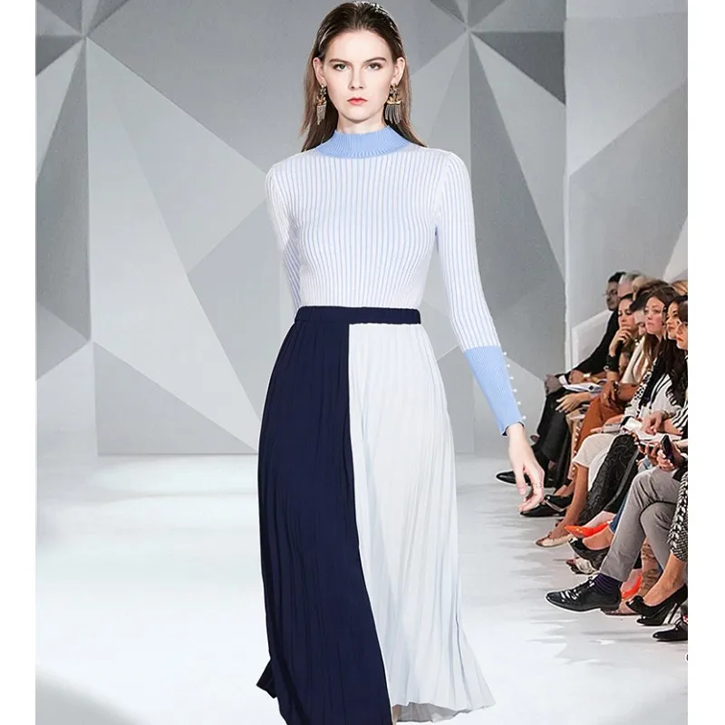 New Women's Spring Autumn Office Lady Long Sleeve Turtleneck Striped Knitted Sweater + Midi Color Contrast A Line Skirt 2 Piece
New Women's Spring Autumn Office Lady Long Sleeve Turtleneck Striped Knitted Sweater + Midi Color Contrast A Line Skirt 2 Piece