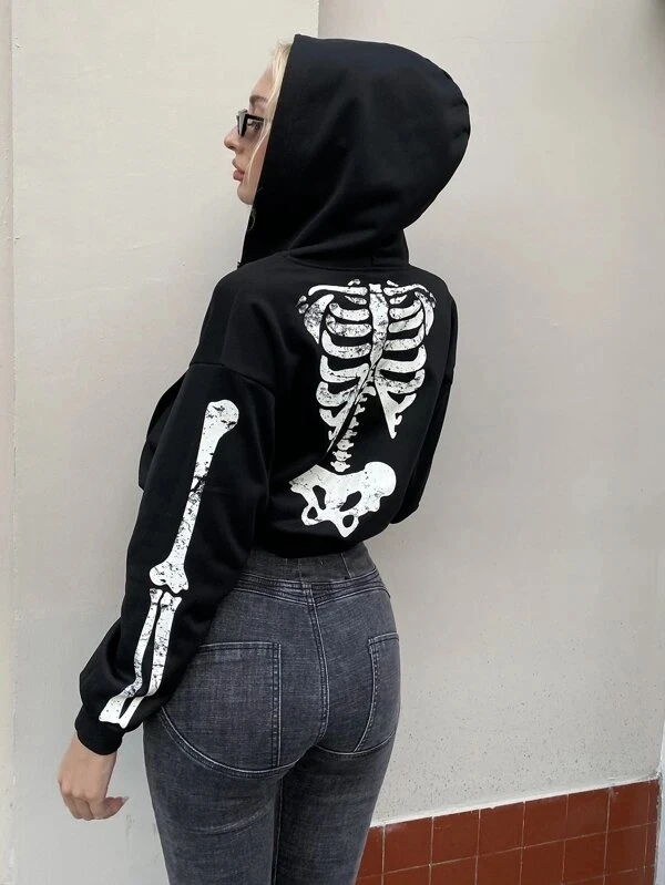 Women Fashion Hooded Sweater, Adults Skeleton Print Long Sleeve Zipper Crop Tops with Pockets, Christmas Halloween Clothing
Women Fashion Hooded Sweater, Adults Skeleton Print Long Sleeve Zipper Crop Tops with Pockets, Christmas Halloween Clothing
