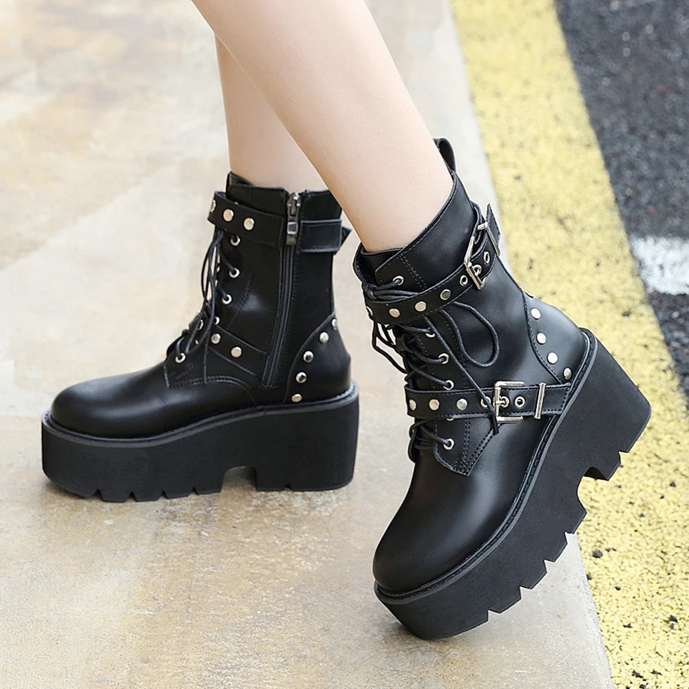 BONJOMARISA Female Cool Platform Rivet Lace Up Zip Chunky Cool Street Motorcycle Boots Solid Black Punk Gothic Stylish Shoes
BONJOMARISA Female Cool Platform Rivet Lace Up Zip Chunky Cool Street Motorcycle Boots Solid Black Punk Gothic Stylish Shoes