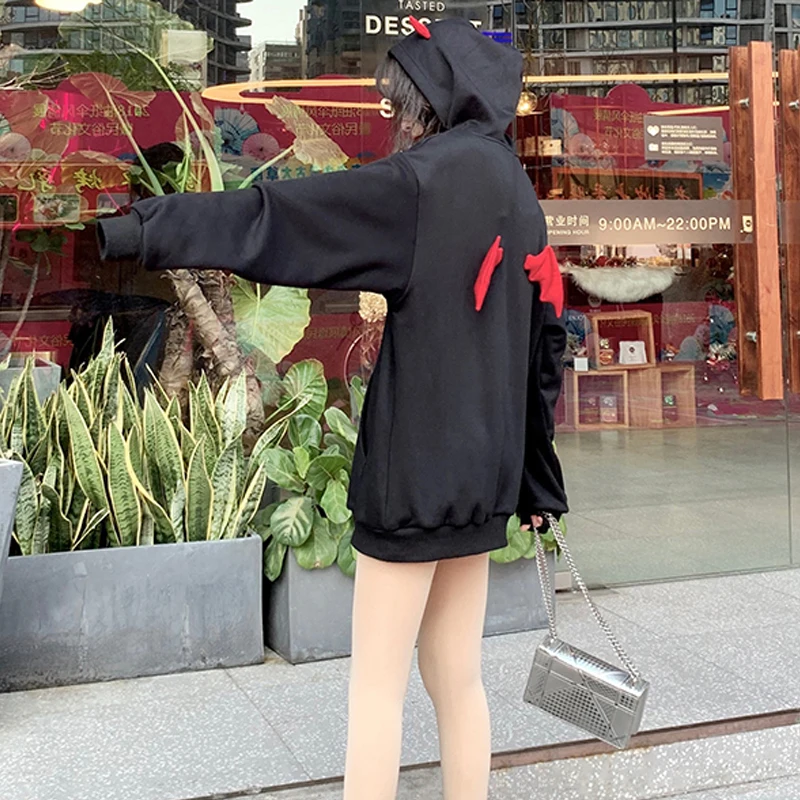 Черный Harajuku женские толстовки с капюшоном осень 2019 в стиле готик-панк