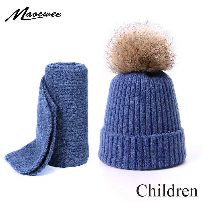 

Faux Fur Pompon Beanie Hat Children Winter Wool Warm Cotton Hat Outdoor Solid Color Cap Knitted Skullies Beanies For Girls Boys