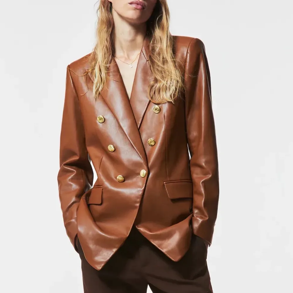 Женский блейзер из искусственной кожи, повседневная двубортная Свободная куртка с длинным рукавом и карманами с клапаном на спине, осень 2021 
Женский блейзер из искусственной кожи, повседневная двубортная Свободная куртка с длинным рукавом и карманами с клапаном на спине, осень 2021
