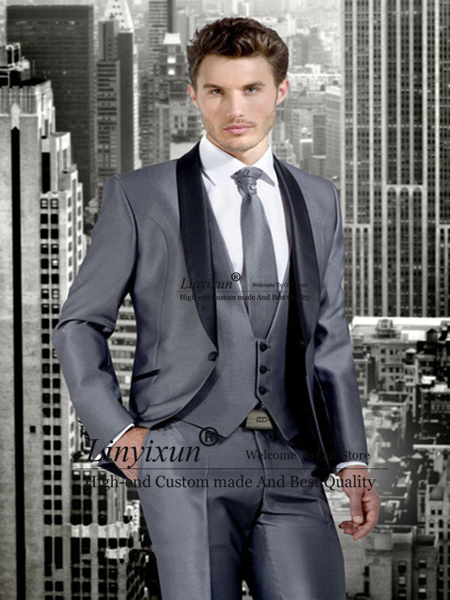 Formal Grey Men's Suits Black Shawl Collar Bridegroom Wedding Tuxedos Slim Business Male ropa hombre 3 Pieces Set Groom Blazer
Formal Grey Men's Suits Black Shawl Collar Bridegroom Wedding Tuxedos Slim Business Male ropa hombre 3 Pieces Set Groom Blazer