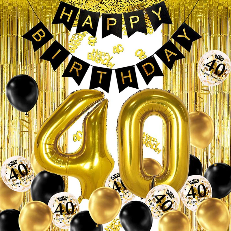 40th Black Gold Birthday Party Decoration, Happy Birthday Banner, Helium Number Balloon 40 XXL, 2 Gold Fringe Curtain, Latex Con
40th Black Gold Birthday Party Decoration, Happy Birthday Banner, Helium Number Balloon 40 XXL, 2 Gold Fringe Curtain, Latex Con
