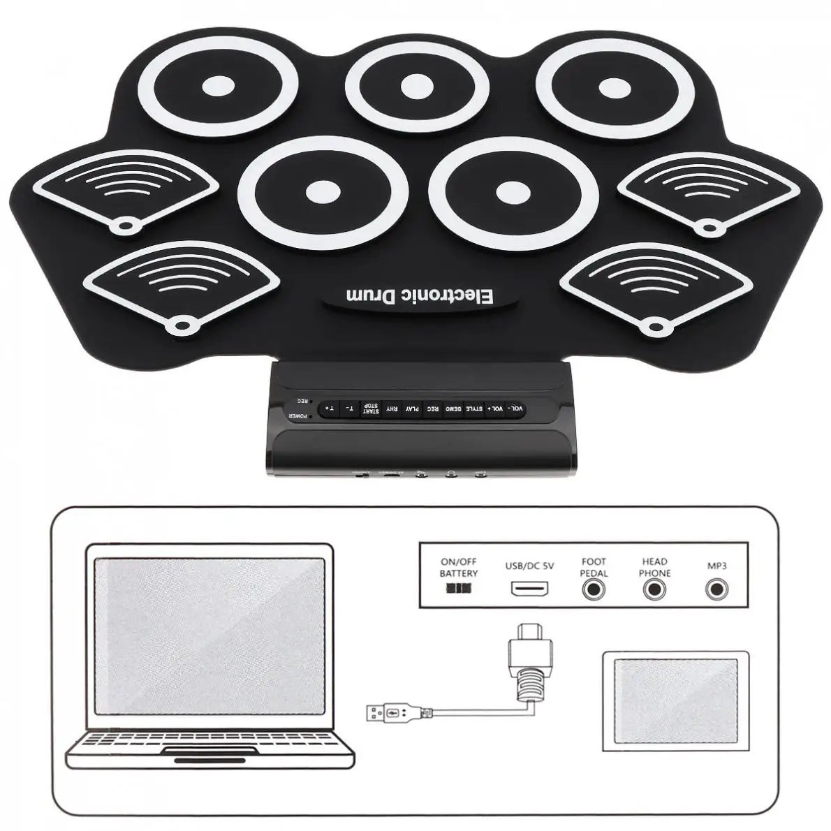 Electronic Drums 9 Pads Electronic Roll up Thicken Silicone Drum Electric Drum Kit with Drumsticks and Sustain Pedal 
Electronic Drums 9 Pads Electronic Roll up Thicken Silicone Drum Electric Drum Kit with Drumsticks and Sustain Pedal