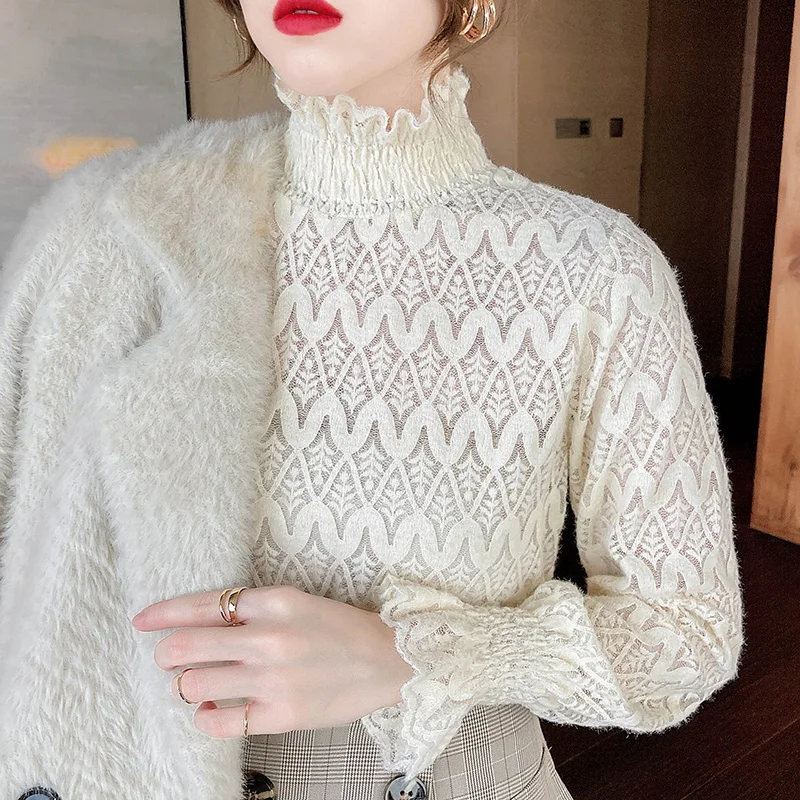 Zoki Puff sleeve lace autumn and winter new high-neck women's slim sweet and versatile long-sleeved top 
Zoki Puff sleeve lace autumn and winter new high-neck women's slim sweet and versatile long-sleeved top