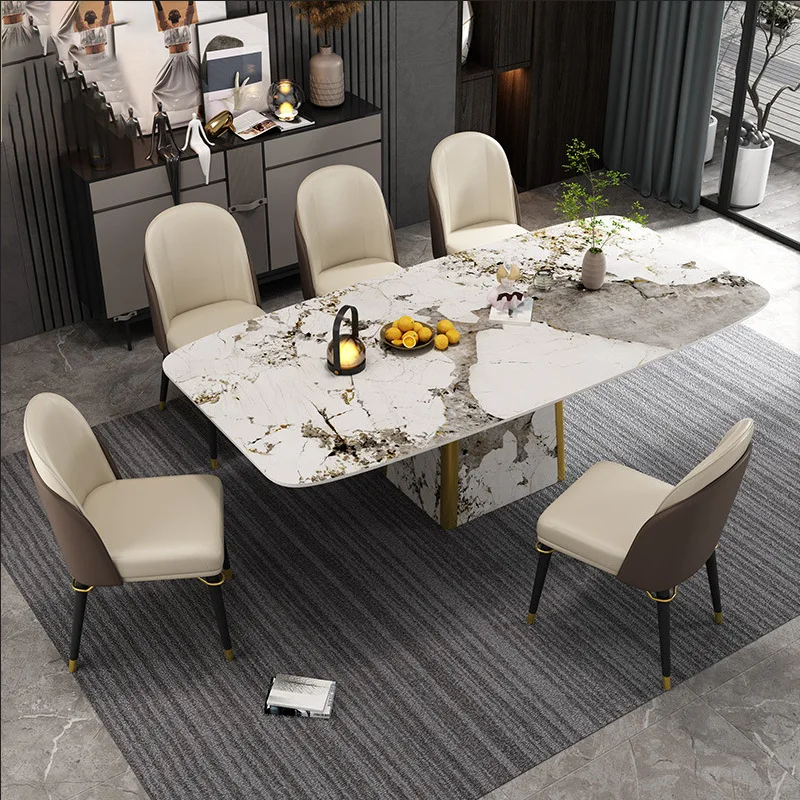 Rock slab dining table simple rectangular light luxury stainless steel dining table and chairs high-end villa furniture
Rock slab dining table simple rectangular light luxury stainless steel dining table and chairs high-end villa furniture