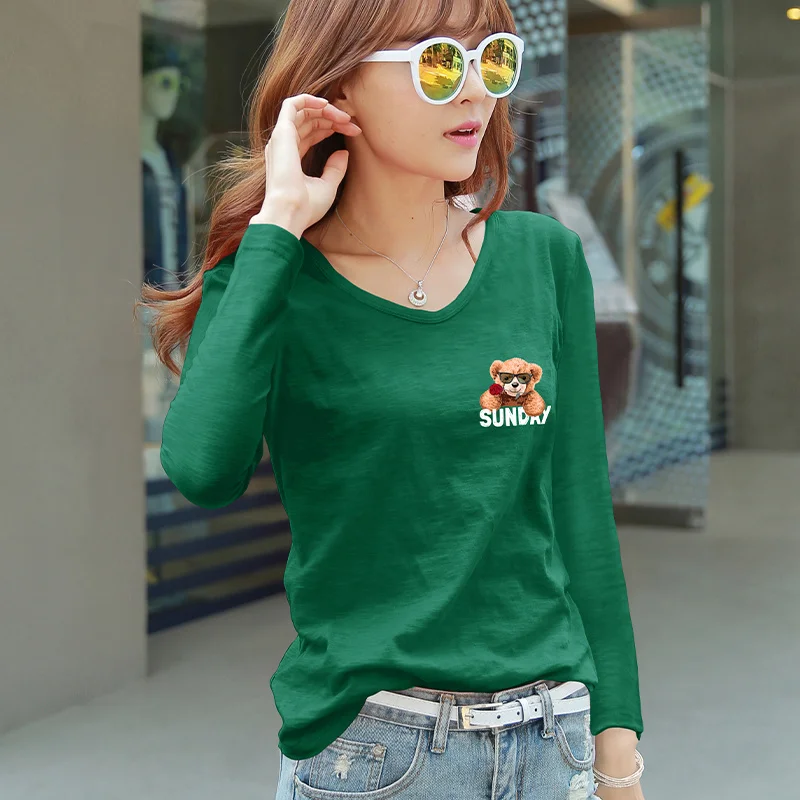 Slub Cotton V-neck Top Printed Bottoming Shirt Cotton Long-sleeved T-shirt Women's Korean-style Loose 2021 New Spring and Summer 
Slub Cotton V-neck Top Printed Bottoming Shirt Cotton Long-sleeved T-shirt Women's Korean-style Loose 2021 New Spring and Summer