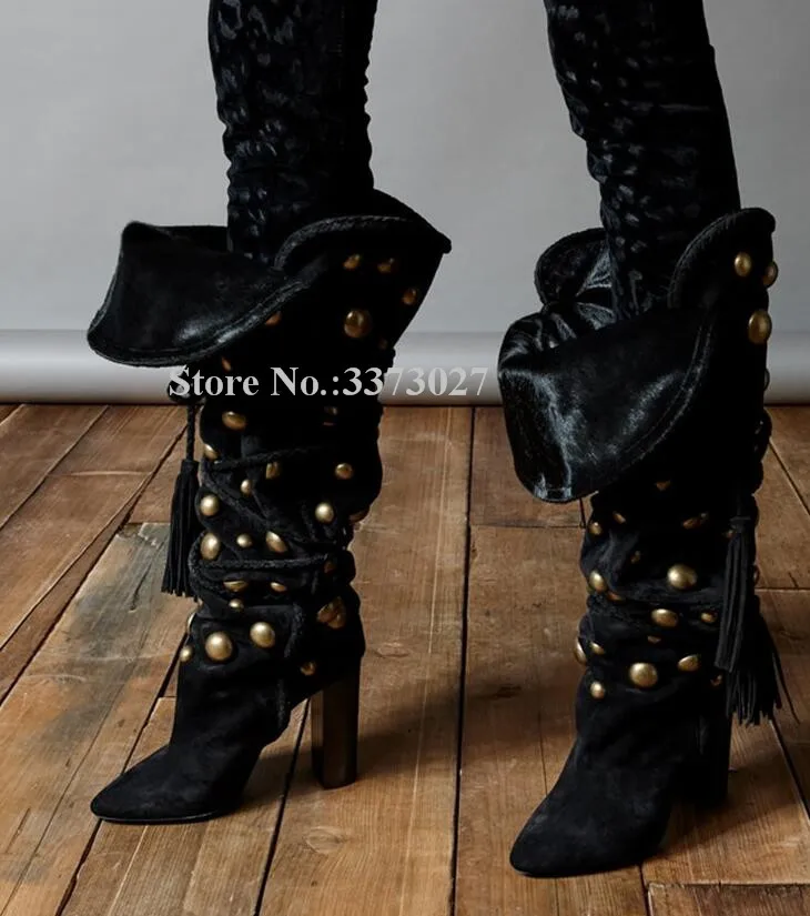 Sexy Cross Ropes Chunky Heel Rivets Long Boots Woman Fashion Black Suede Lace-up Tassels Knee High Boots Lady Studded Thick Heel
Sexy Cross Ropes Chunky Heel Rivets Long Boots Woman Fashion Black Suede Lace-up Tassels Knee High Boots Lady Studded Thick Heel