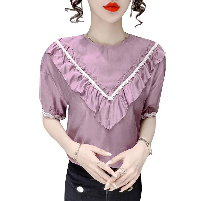 Chiffon Slim Women's Blouses New Casual Blouse Beaded Solid Color O Collar Pullover Shirt Fashion Short Sleeve Top Summer 30026
Chiffon Slim Women's Blouses New Casual Blouse Beaded Solid Color O Collar Pullover Shirt Fashion Short Sleeve Top Summer 30026