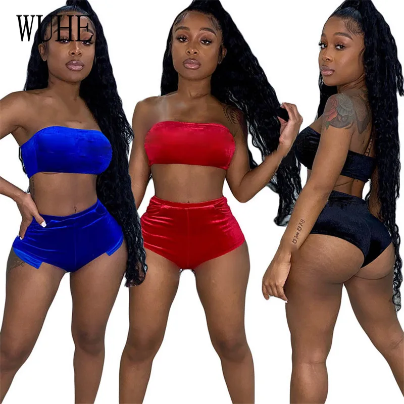 

KEXU Nightclub Party Outfits Off Shoulder Sleeveless Breast Wrap Top and Tight Short Pants Casual Sports High Street 2 Sets