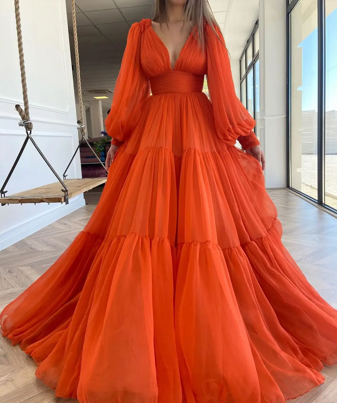 New Arrival Cheap Orange Tiered Tulle A-Line Prom Dress Deep V Neck Long Sleeves Evening Dresses Party Formal Dress Evening Gown
New Arrival Cheap Orange Tiered Tulle A-Line Prom Dress Deep V Neck Long Sleeves Evening Dresses Party Formal Dress Evening Gown
