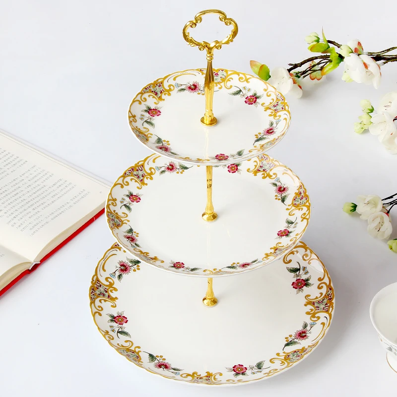 

EUROPEAN STYLE DESSERT PLATE THREE-TIER FRUIT PLATE CAKE RACK BONE CHINA AFTERNOON TEA TEA SET MARRIAGE CREATIVE PORCELAIN GIFT