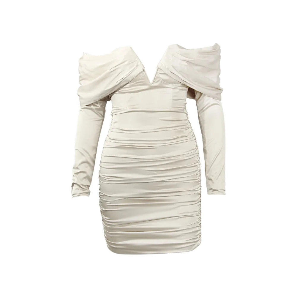 Women Elegant Mini Dress Slash Neck Long Sleeve Solid Slim Sheath Folds Package Hips Strapless Evening Dress Elegant Fashion Hot
Women Elegant Mini Dress Slash Neck Long Sleeve Solid Slim Sheath Folds Package Hips Strapless Evening Dress Elegant Fashion Hot