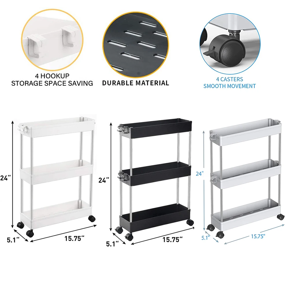 3 Tier Movable Slim Storage Cart Mobile Shelving Unit Organizer Slide Out Rolling Utility Rack for Kitchen Bathroom | Дом и сад