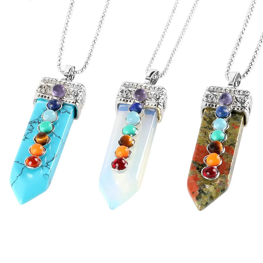 

Female Pendant Necklace Multicolor Sword Shaped Natural Crystal Gem Seven Chakras Men and Women Jewelry Ball Bead Chain Fashion