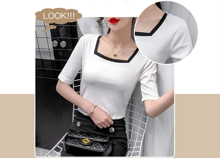 Summer Korean Style Cotton Elastic T-Shirt Fashion Sexy Skew Collar Loose Women Tops Short Sleeve Bordered Tees New 2021 T14103A
Summer Korean Style Cotton Elastic T-Shirt Fashion Sexy Skew Collar Loose Women Tops Short Sleeve Bordered Tees New 2021 T14103A
