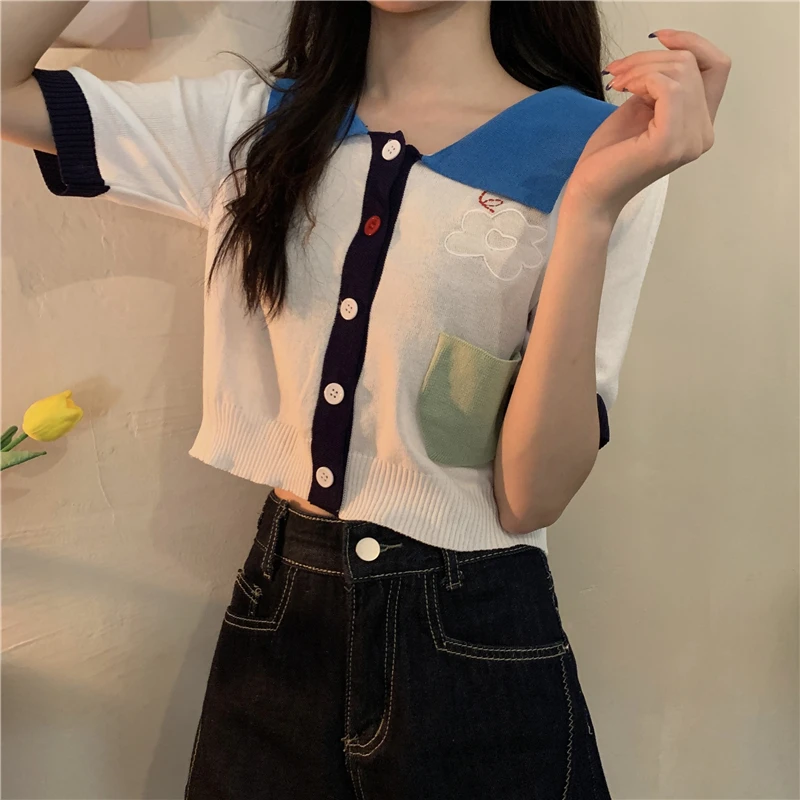 Knitwear women's short top crop 2021 cute short sleeve thin polo flower bear shirt summer
Knitwear women's short top crop 2021 cute short sleeve thin polo flower bear shirt summer