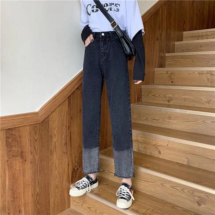 Black pants Joker straight jeans women's high waist and small loose color matching new slim tall pants 
Black pants Joker straight jeans women's high waist and small loose color matching new slim tall pants