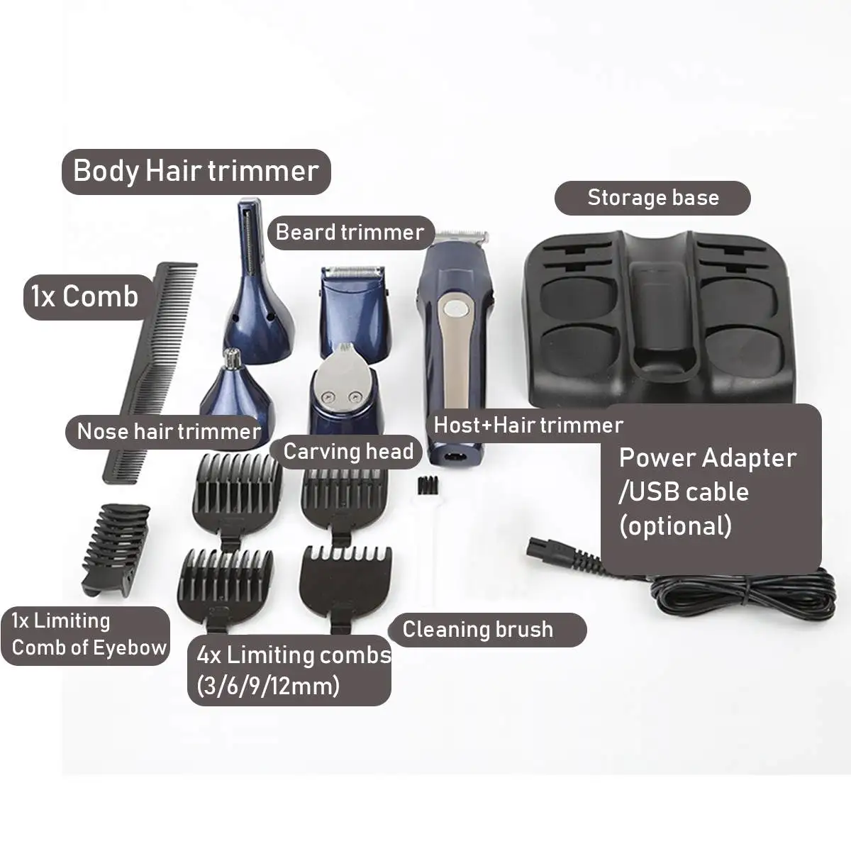 12 in 1 Multifunctional Hair Trimmer Clipper Razor Body Hair Cutter Carving Electric With 4Pcs Limiting Combs Base EU/US/USB
12 in 1 Multifunctional Hair Trimmer Clipper Razor Body Hair Cutter Carving Electric With 4Pcs Limiting Combs Base EU/US/USB