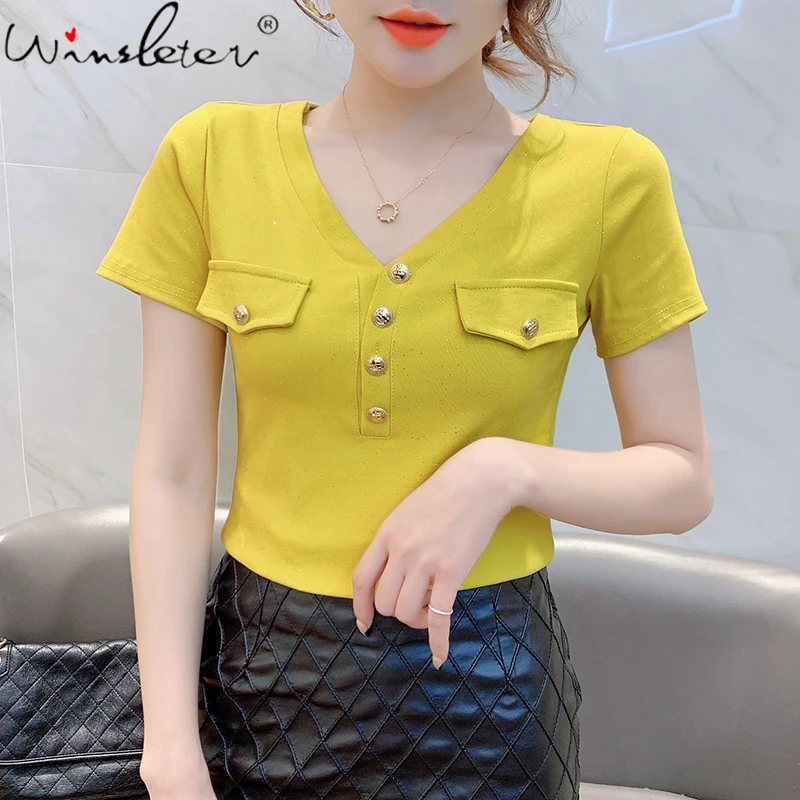 

Summer European Style Cotton T-Shirt Fashion Sexy V-Neck Button Women Tops Short Sleeve Shiny All Match Tees New 2021 T14418A