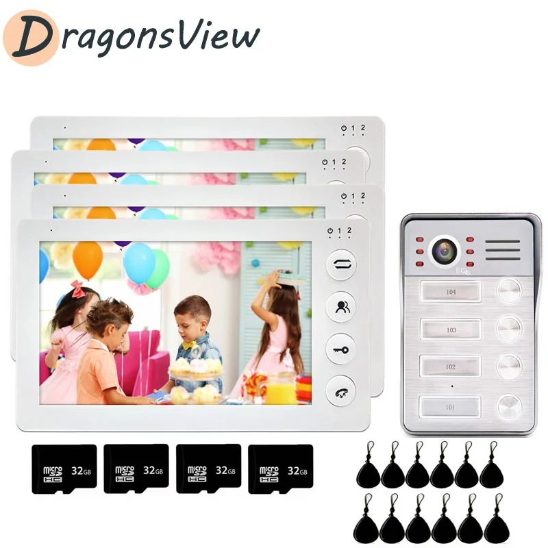 

DragonsView 4 Units Apartment Intercom 7'' Wired Video Door Phone 4 Monitors 1200TVL RFID Doorbell IR Night For Home Security