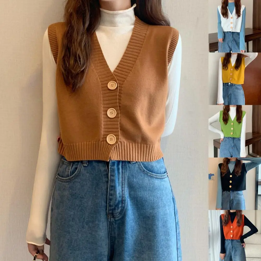 Single Breasted Sleeveless Sweater Vest Short Type Loose V-Neck Elegant Women Knitted Waistcoat for Daily Wear
Single Breasted Sleeveless Sweater Vest Short Type Loose V-Neck Elegant Women Knitted Waistcoat for Daily Wear