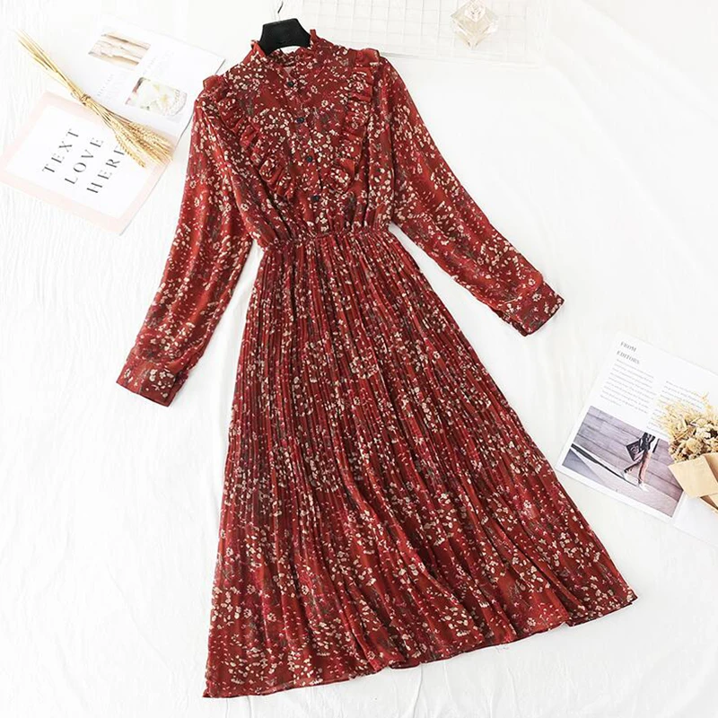 Women chiffon pleated dress 2021 spring summer female vintage long sleeve Floral print dresses casual office lady midi dress
Women chiffon pleated dress 2021 spring summer female vintage long sleeve Floral print dresses casual office lady midi dress