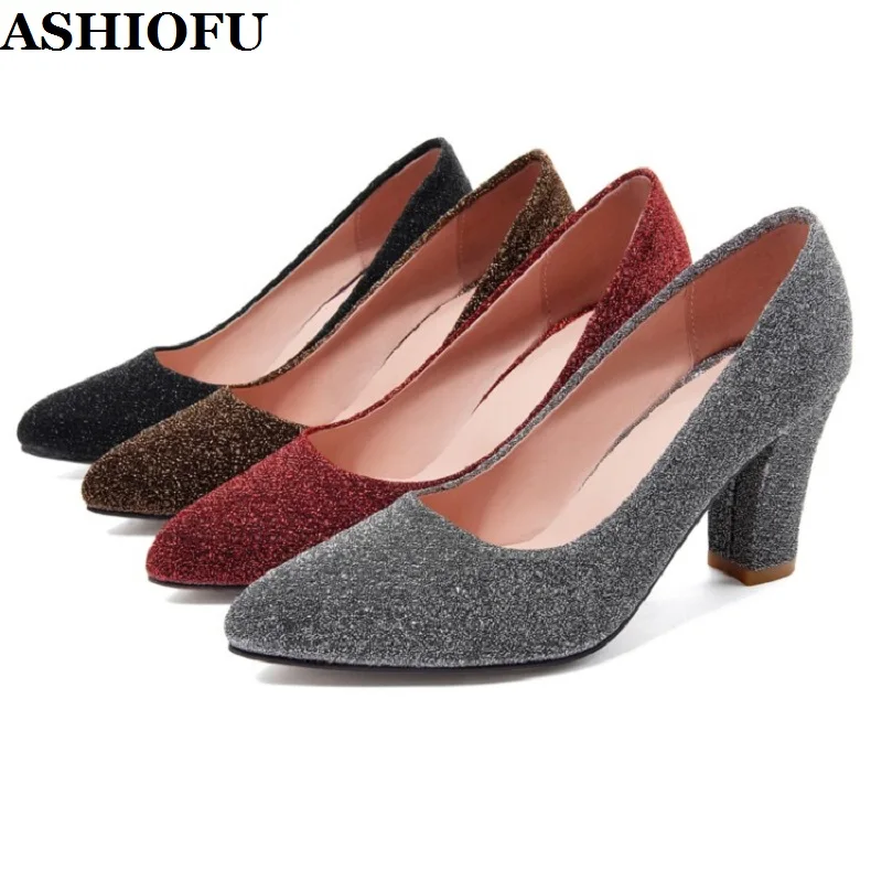 ASHIOFU Womens New Thick High-heeled Shoes Pointed-toe Slip-on Pumps Trending Line Gelitter Shiny Fashion Evening Court Shoes
ASHIOFU Womens New Thick High-heeled Shoes Pointed-toe Slip-on Pumps Trending Line Gelitter Shiny Fashion Evening Court Shoes