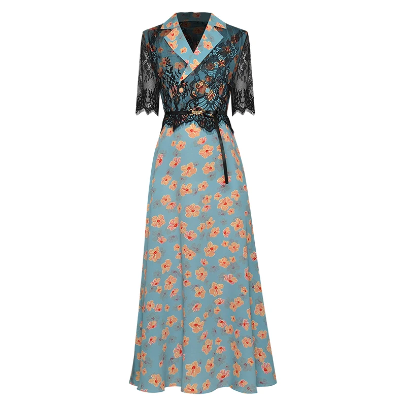 short sleeve lace stitching with waist printing large pendulum temperament of long dress 2020 early autumn new fund
short sleeve lace stitching with waist printing large pendulum temperament of long dress 2020 early autumn new fund