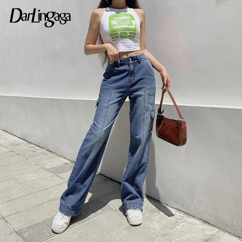 Джинсы-карго женские прямые с высокой талией и карманами 
Джинсы-карго женские прямые с высокой талией и карманами