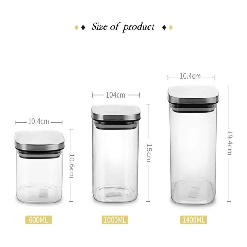 600/1000/1400ML Sealed Glass Candy Jars Stainless Steel Cover Cereal Dispenser Transparent Tea Box Kitchen Storage Containers 
600/1000/1400ML Sealed Glass Candy Jars Stainless Steel Cover Cereal Dispenser Transparent Tea Box Kitchen Storage Containers