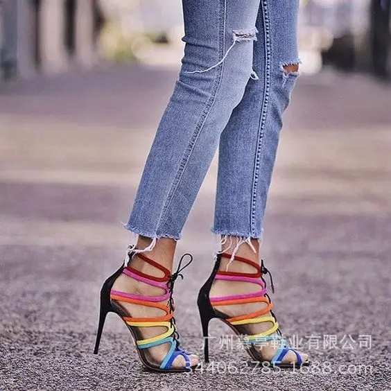 Rainbow color matching cross strap sexy fashion high heel sandals
Rainbow color matching cross strap sexy fashion high heel sandals