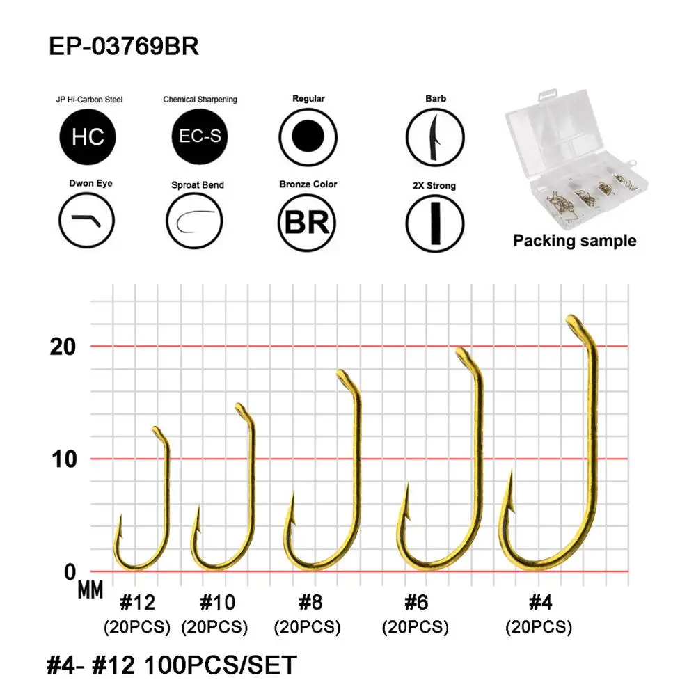 Eupheng 100pcs EP-TMC3769 Wet And Nymph 2X Heavy Standard Sproat Bend Fly Fishing Hook Down Eye Surface Flies Hooks All Sizes L
Eupheng 100pcs EP-TMC3769 Wet And Nymph 2X Heavy Standard Sproat Bend Fly Fishing Hook Down Eye Surface Flies Hooks All Sizes L