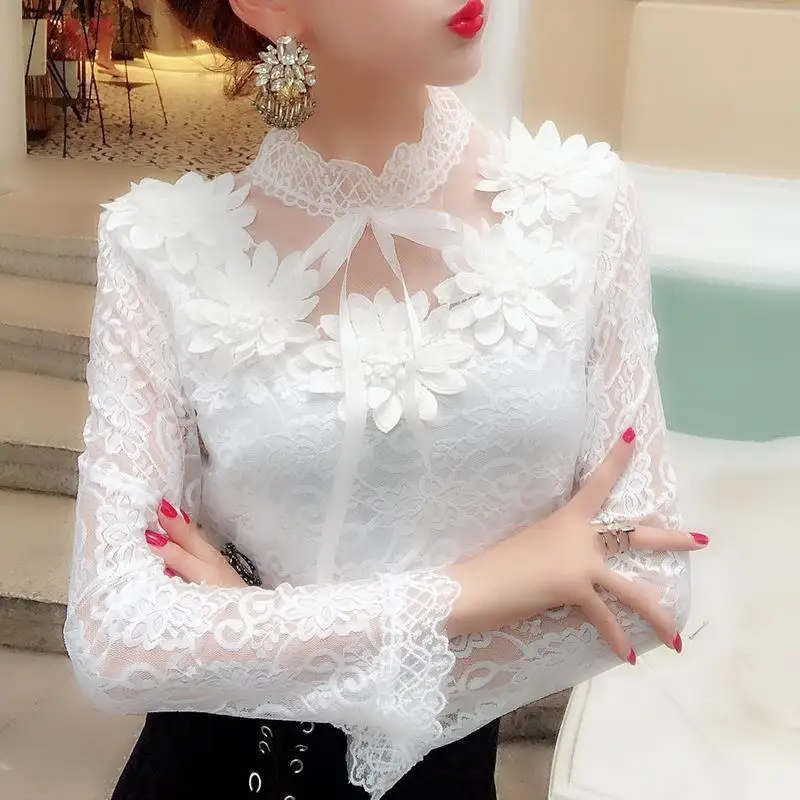 Korean Style Women Shirts Lace Long Sleeve Sweet Floral Hollow Female Bow Mesh Blouses 2021 Fashion Spring Bottoming Tops Autumn
Korean Style Women Shirts Lace Long Sleeve Sweet Floral Hollow Female Bow Mesh Blouses 2021 Fashion Spring Bottoming Tops Autumn