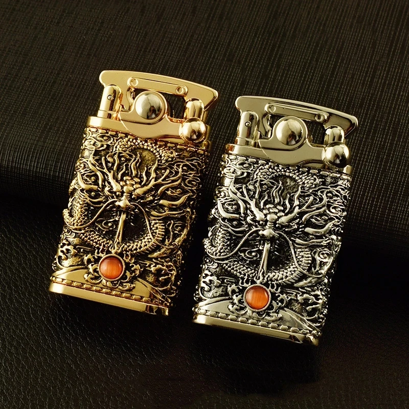 luxurious Gold Dragon Relief Flint Lighter Vintage Brass Grinding Wheel Kerosene Oil Gasoline Lighter Cigarette Gadgets For Man
luxurious Gold Dragon Relief Flint Lighter Vintage Brass Grinding Wheel Kerosene Oil Gasoline Lighter Cigarette Gadgets For Man