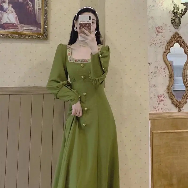 French dress design waisted orange over-the-knee long dress pink long sleeve dress Vintage Square Collar Sheath
French dress design waisted orange over-the-knee long dress pink long sleeve dress Vintage Square Collar Sheath