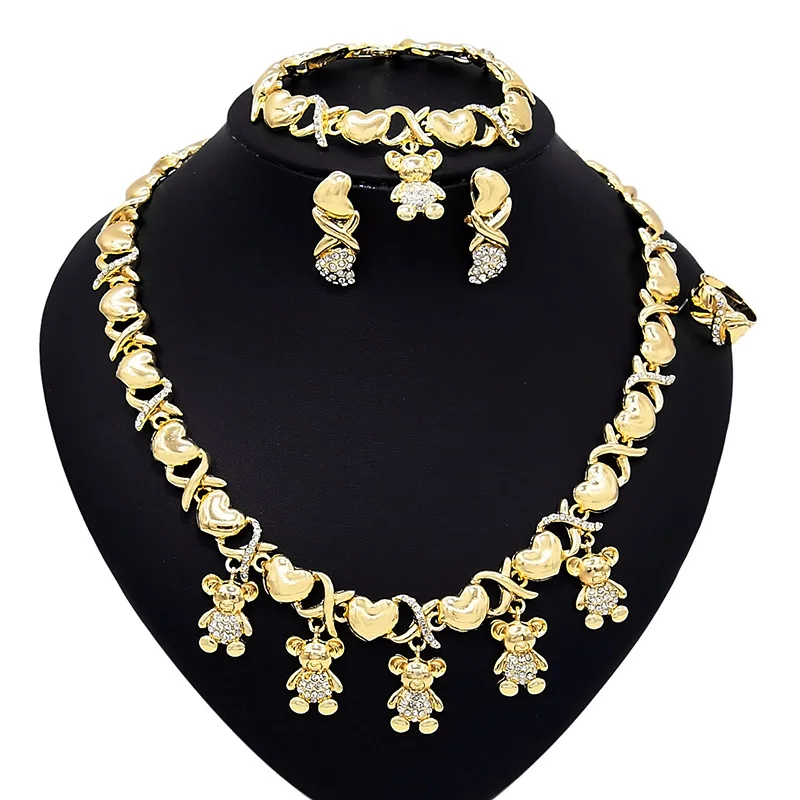 18k Big Plated XO Teddy Bear Jewelry Sets Cute And Delicate Sparkling Necklace Earrings Bangle Ring Four piece Set
18k Big Plated XO Teddy Bear Jewelry Sets Cute And Delicate Sparkling Necklace Earrings Bangle Ring Four piece Set