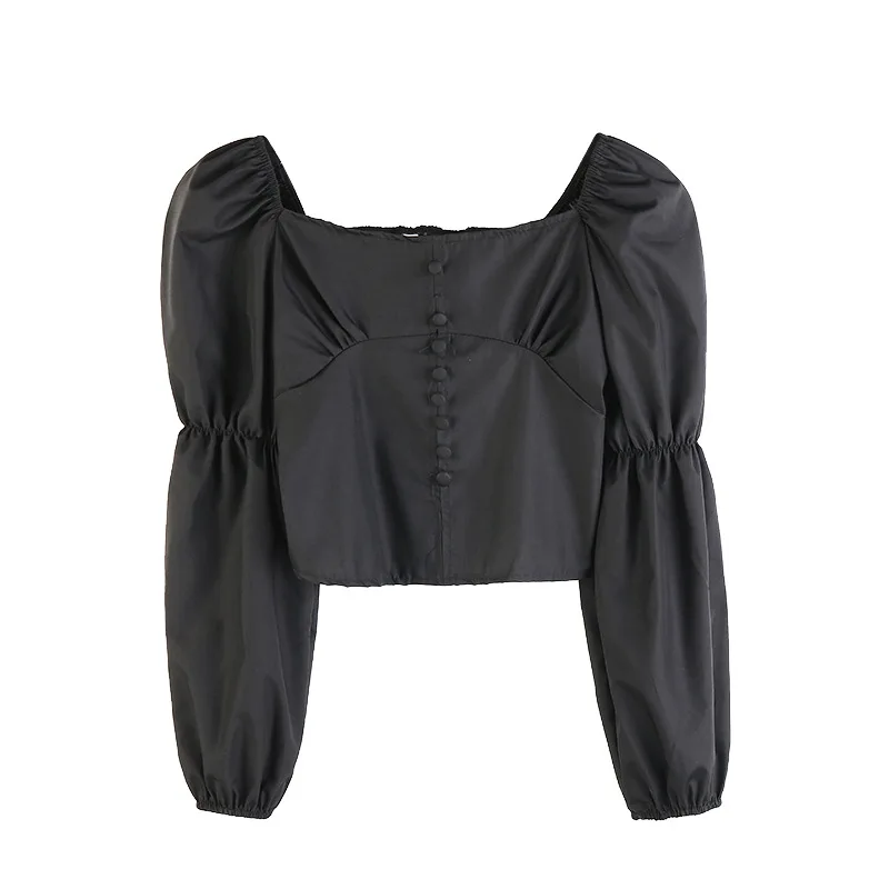 Women Square Collar Blouse Solid Color Long Puff Sleeve Sweet Slim Shirt Single-Breasted Design Casual Cute Female Pullover Tops 
Women Square Collar Blouse Solid Color Long Puff Sleeve Sweet Slim Shirt Single-Breasted Design Casual Cute Female Pullover Tops