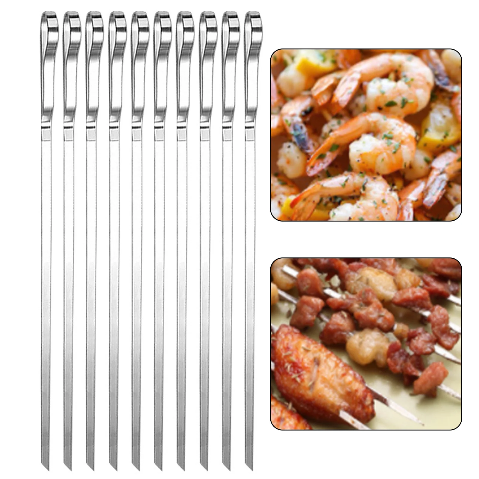 

10pcs BBQ Grilling Kabob Skewers Stainless Steel Reusable Metal Barbecue Shish Kebab Sticks Handy Storage Bag with brush 43cm